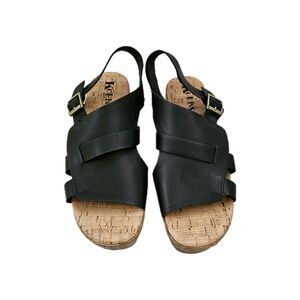 Korks Fallon Sandals 8 Black Faux Leather‎ Wedge Heel Platform Slingback Boho